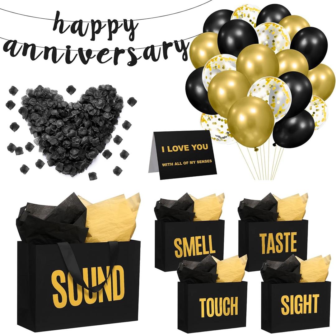 Soulchen 5 Senses Gift Black Gold Anniversary Decorations Five Senses Sight Smell Touch Taste Sound Gift Bags with Happy Anniversary Banner Rose Petals Balloon Card for Party