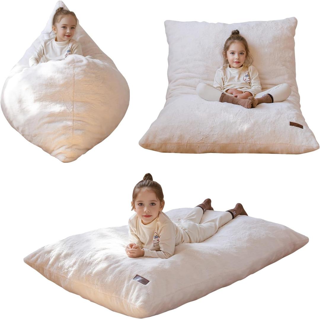 MAXYOYO 3 in 1 Kids Bean Bag Chair Bed, Child Floor Sofa for Gaming, Reading, Faux Fur Floor Mattress with High-Density Foam Filling for Living Room Bedroom, 50"x35"