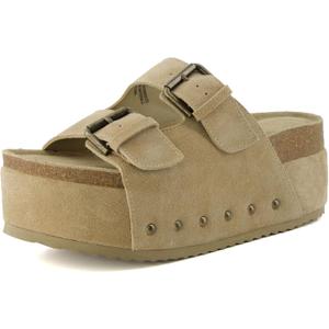 CUSHIONAIRE Guru Platform Sandals Women Footwear Comfortable Genuine Leather Footbed Studded Chunky Slide Summer Sandals for Women (Size 7 , Suede Khaki)