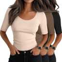 Neer 3 Pack Women's Scoop Neck Tops Half Sleeve Slim Fitted Cotton Blend Stretchy T-Shirts Tight Casual Basic Tees, Small