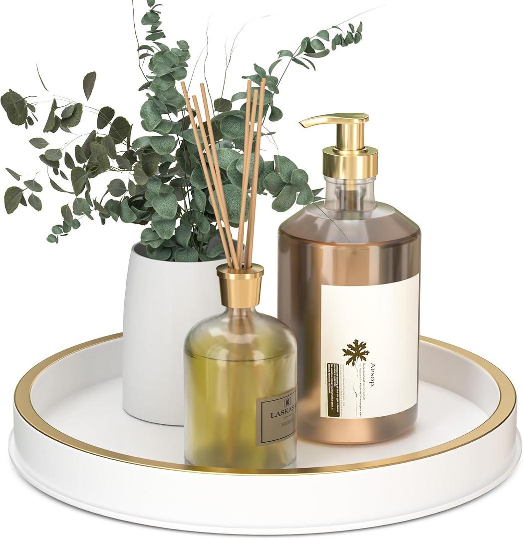 10" Small Gold and White Tray, Lightweight Metal Round Vanity Tray for Bathroom, Candle Holder for Living Room Decor