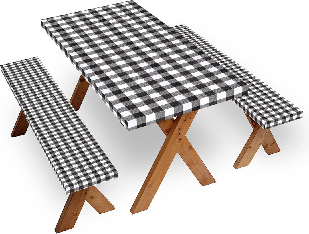 Picnic Table Covers with Bench Covers Set Elastic Fitted Tablecloth 6 FT for Outdoor Camping 3 piece (Black and White)