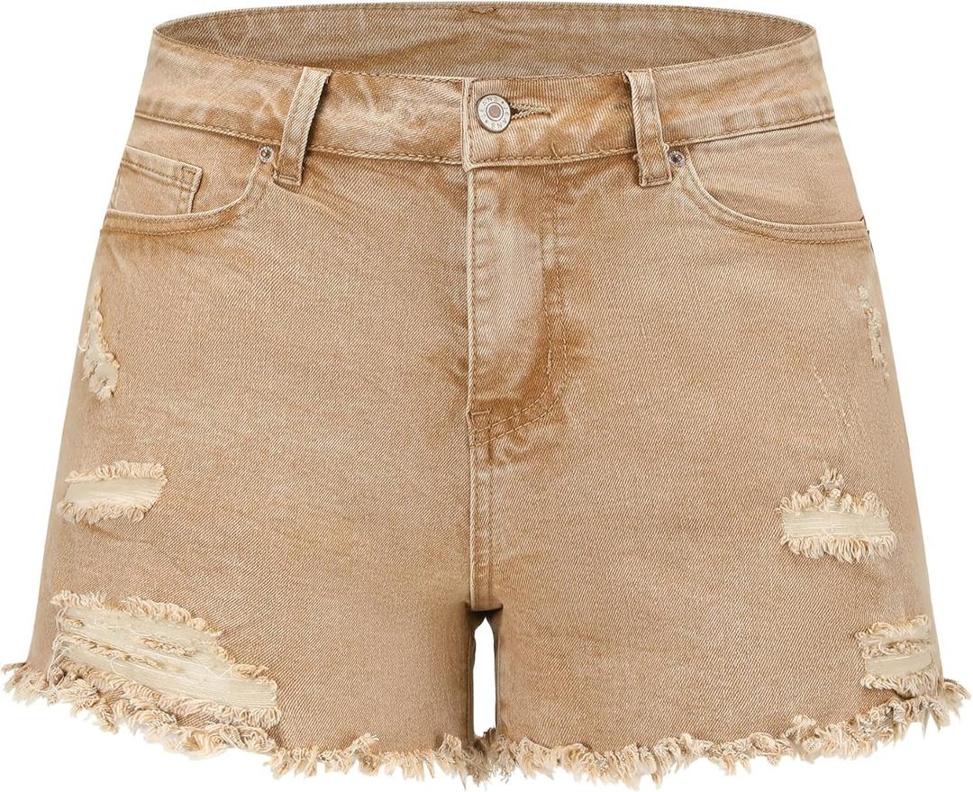 THUNDER STAR Women Mid Rise Ripped Stretchy Jeans Shorts Frayed Raw Hem Casual Denim Shorts (10-12, Yellow)