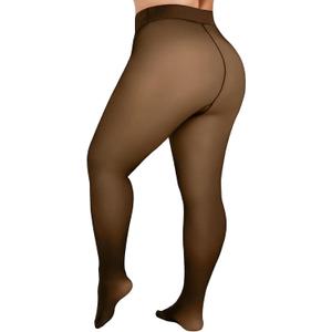 2 x Delcast Plus Size Fleece Lined Tights Women - Fake Translucent Sheer Warm Thermal Pantyhose Leggings for Winter (Brown, XL)