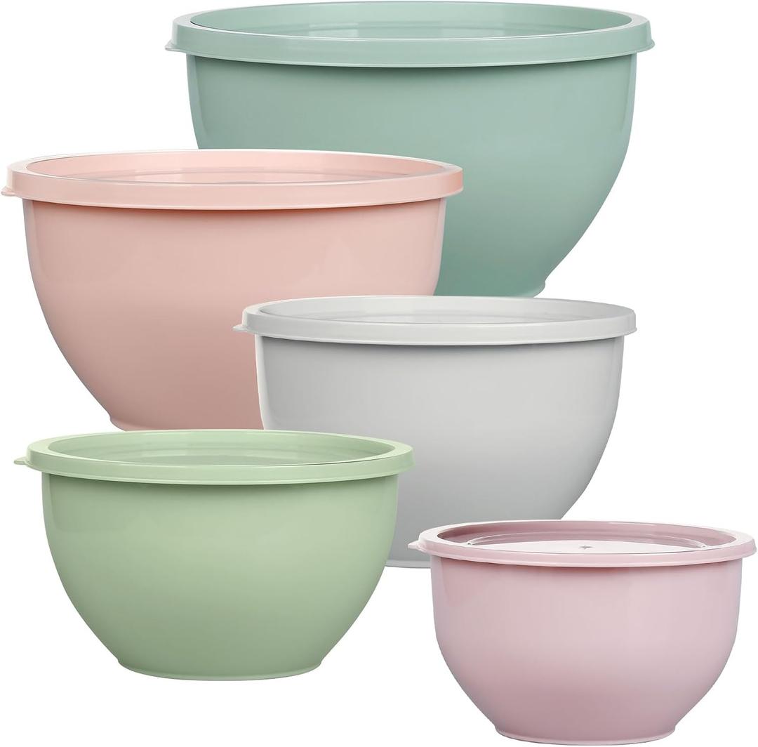 Greentainer Plastic Mixing Bowls with Lids Set for Kitchen, 5 Set Nesting Bowls for Mixing, Baking, Prepping, Cooking and Serving Food, Mixing Bowls Dishwasher, Microwave Safe, large