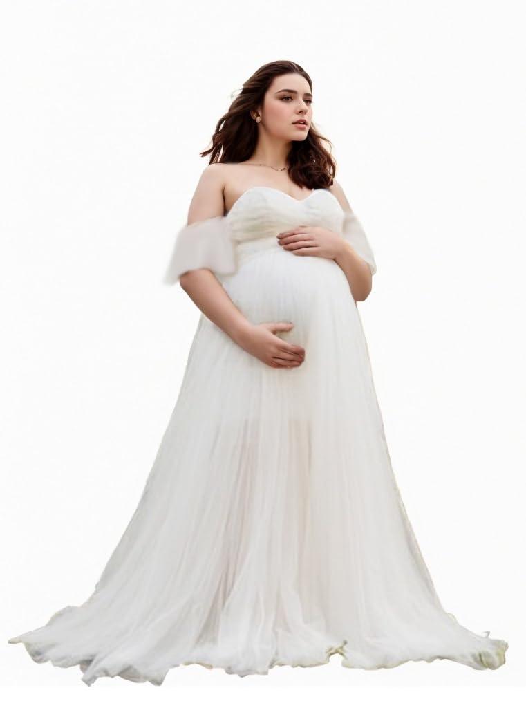 Maternity Photography Props Floral Lace Dress Fancy Pregnancy Gown for Baby Shower Photo Shoot Small