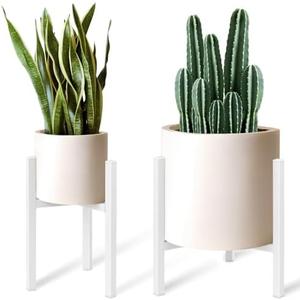 IZIDDO Adjustable Plant Stand Pack of 2 , Metal Planter Stands Indoor Outdoor, Mid Century Modern Plant Holder, Fit 8 10 12 inch Pots, White (Pot & Plant Not Included)