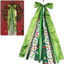 2 x Large Christmas Wreath Sash Decoration 27.5", 7 Multi-Ribbon Holiday Tree Topper with Santa Snowflake Pattern, Metal Clip Front Door Wall Decor Indoor Outdoor