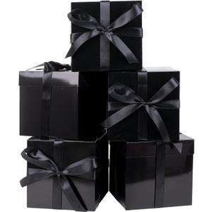 Jaywayang 5 Pack Black Gift Boxes with Lids, Ribbons and Tissue Papers Square Gift Boxes - 7.1 Inch - Birthday, Wedding, Presents Wrapping, Father's Day, Valentine's Day Decoration Party Favor Boxes.