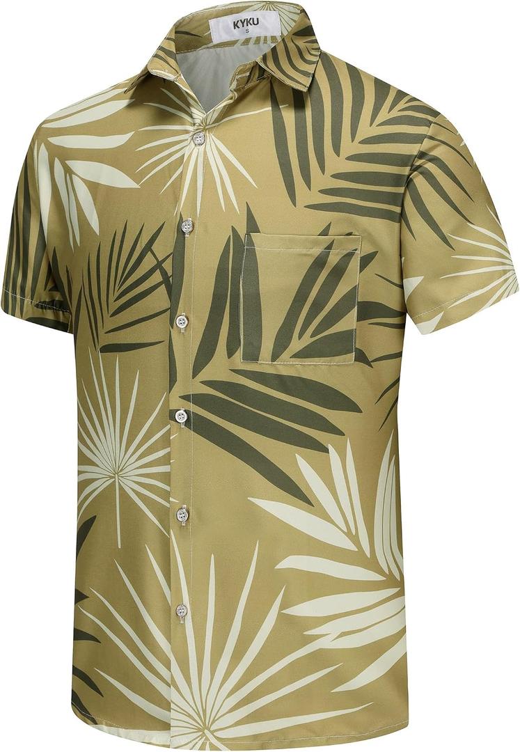 KYKU Hawaiian Shirt for Men: Tropical Summer Beach Short Sleeve Button Down Shirt with Pocket (Green, L)