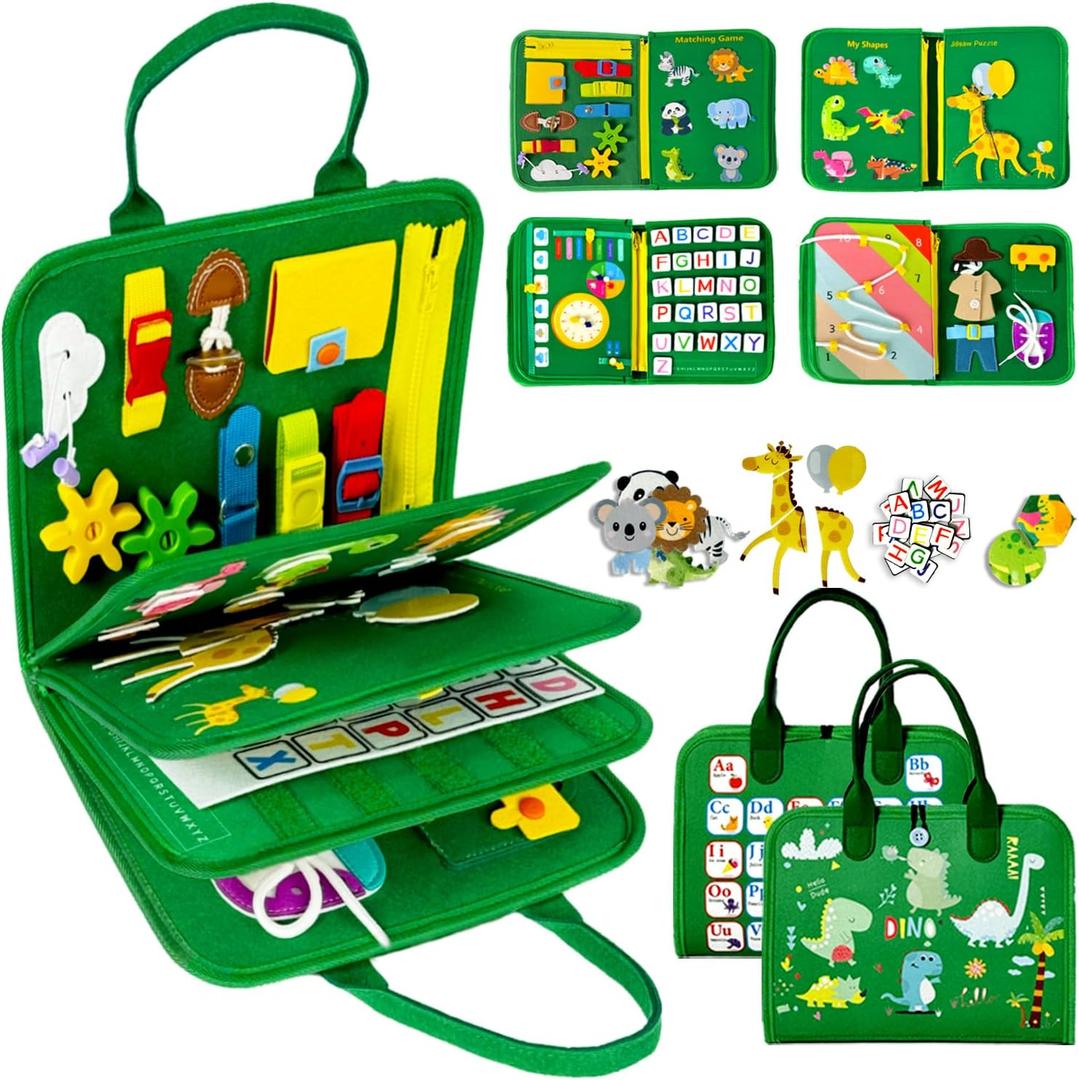 Qizfun Busy Board Montessori Toy for Toddlers, Educational Sensory Learning Toy for Fine Motor Skills, Preschool Travel Toy for Airplane & Car, Gifts for Boys and Girls