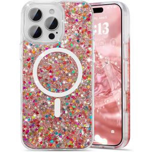 UEEBAI Glitter Case Magnetic for iPhone 15 Pro Case, Luxury Shiny Bling Sparkly Phone Cover Compatible with MagSafe, Wireless Charge Crystal Diamonds Shiny Cover for Women - Red