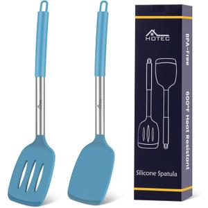 HOTEC Silicone Spatula Set of 2 Heat-Resistant 600F & BPA-Free Kitchen Saptula Turner with Stainless Steel Handles, Slotted & Solid Spatulas for Nonstick Cookware, 13.7 Inch, Blue