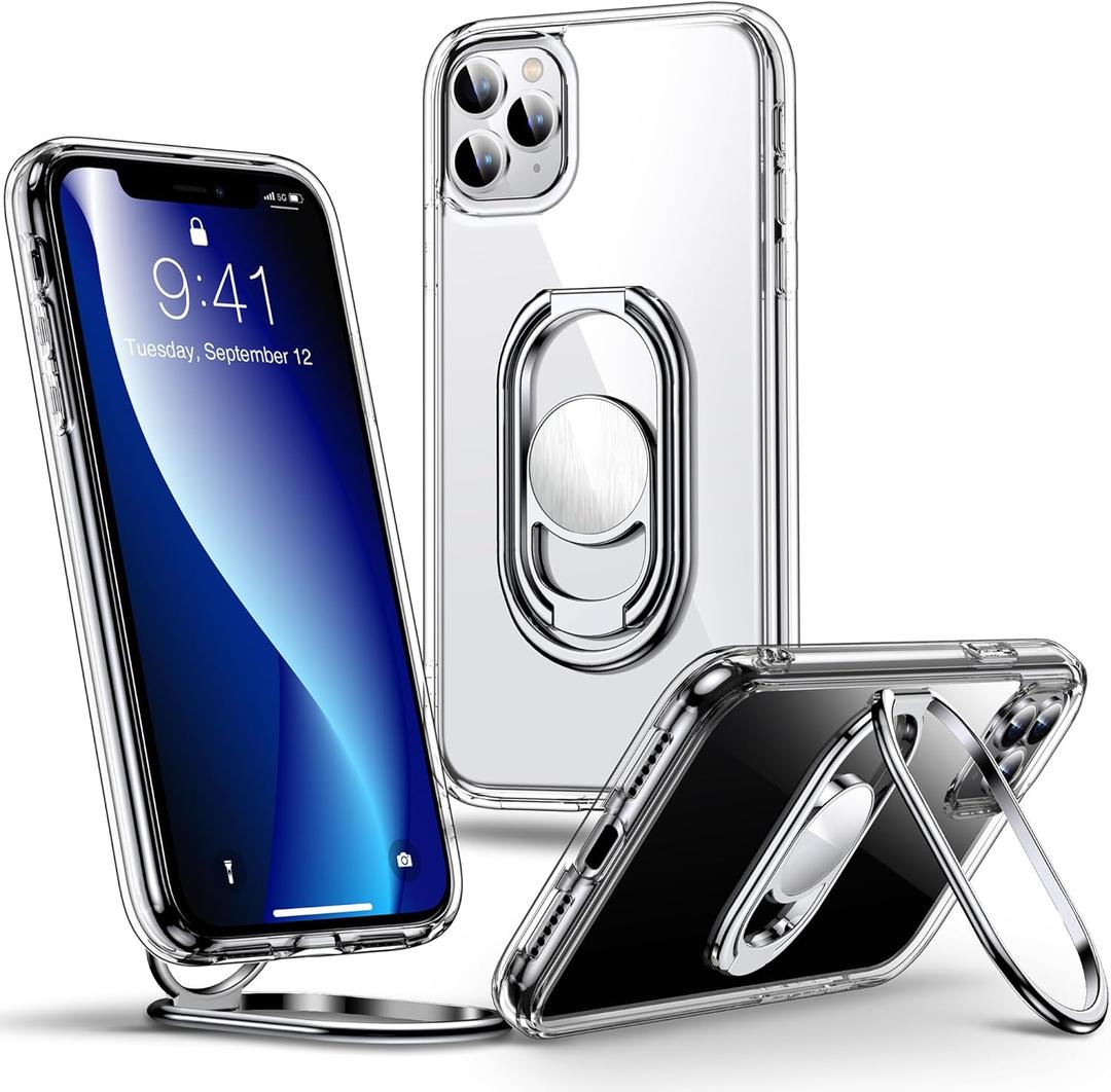 Shields Up for iPhone 11 Pro Max Case with Stand, Phone Case Clear with Double Ring Holder [Adjustable & Foldable] Shockproof Protective Cover for iPhone 11 Pro Max 6.5 inch - Clear