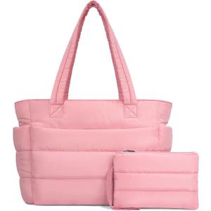 TOPDesign Puffer Tote Bag for Women, Lightweight Puffy Handbag with Compartments, Quilted Shoulder Bag for Work, Travel, Gym (Medium, Hot Pink)