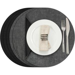 Myir JUN Round Placemats, Dual Sided Faux Leather Place Mats Set of 6 Indoor/Outdoor Non-Slip Washable Table Mats (Gray Black, Set of 6)