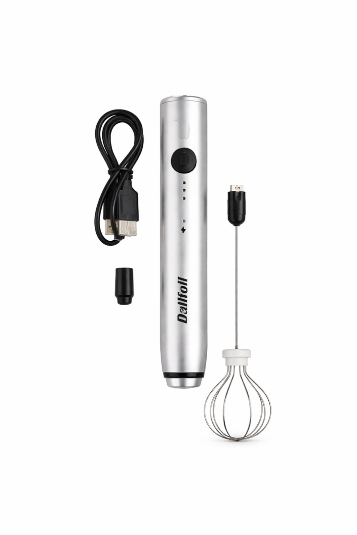 Milk Frother Handheld, Dallfoll USB Rechargeable Electric Foam Wand Maker for Coffee, 3 Speeds Mini Milk Foamer Drink Mixer with 2 Whisks for Bulletproof Coffee Frappe Latte Cappuccino Hot Chocolate, Silver
