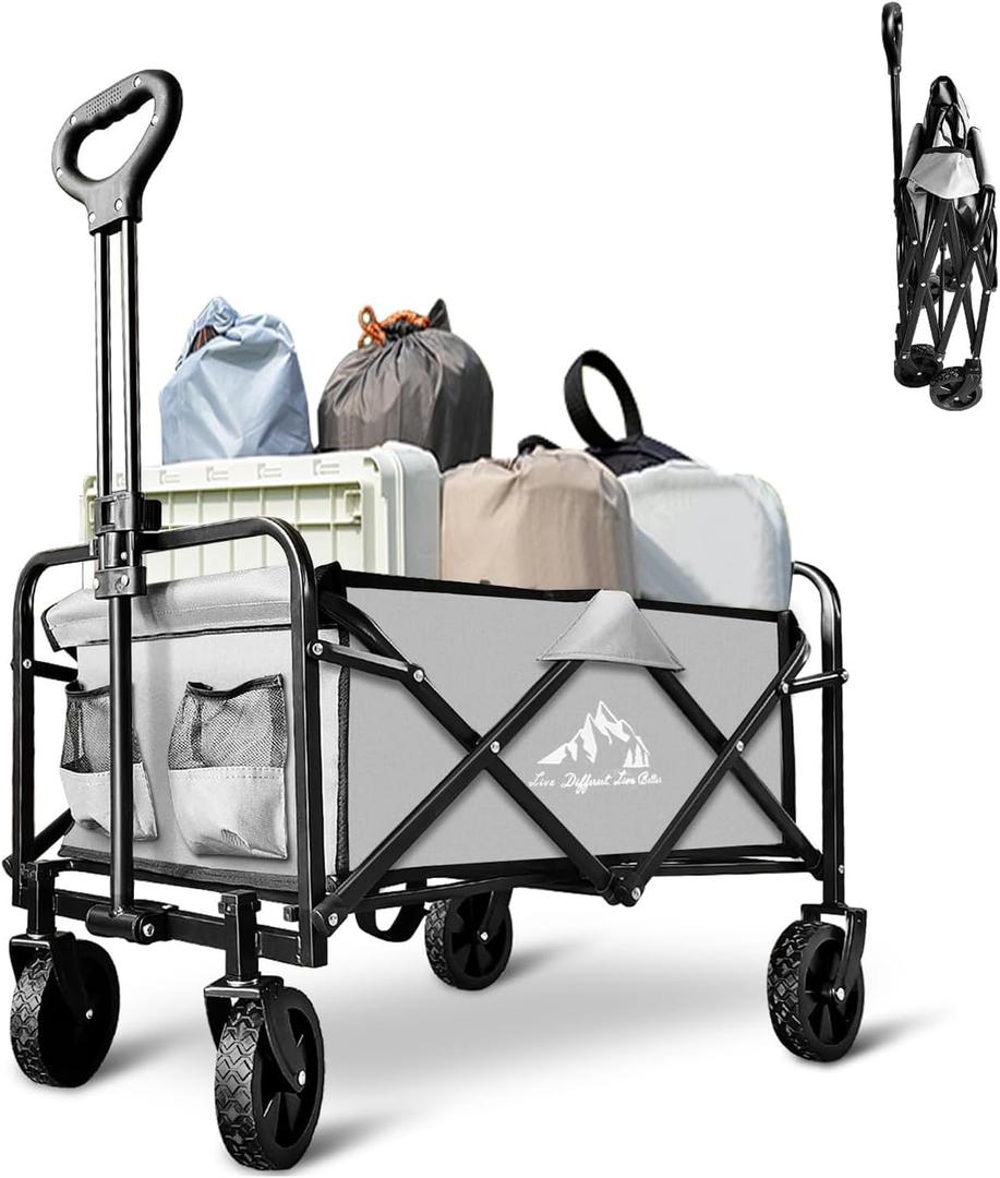 Collapsible Wagon Cart Foldable Portable Heavy Duty Folding Beach Wagons, Outdoor Utility Carts with Large Capacity for Grocery, Camping, Shopping, Fishing, Sports, Garden Gray