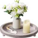 Handmade Wooden Decorative Tray, Small Beaded Coffee Table Tray Decor, Grey Round Decorative Tray for Coffee Table, Dining Room Table Entryway and Living Room Table (Gray)