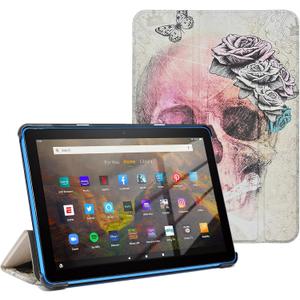 Case for Kindle Fire HD 8 Tablet & Fire HD 8 Plus (12th/10th Generation 2024/2020/2022), Slim Shell Trifold Stand Cover BackShell with Auto Wake/Sleep, Skull with Flower (Skull Vintage Rose)