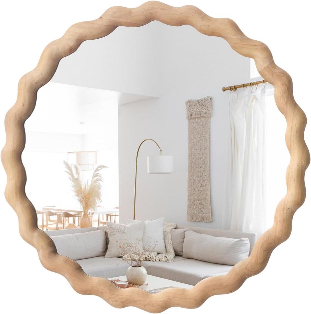 Irregular Wall Mirror,Wood Round Farmhouse Mirror Unique Vanity Mirror,28" Nature Wooden Modern Bathroom Mirror for Washroom Living Room Bedroom (Light Brown)