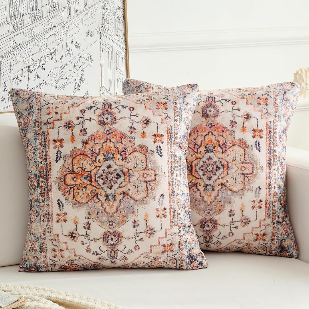 Boho Throw Pillow Covers 18x18 inch Set of 2,Boho Vintage Carpet Pattern Antique Ethnic Decor Double Sided Pattern Cushion Cover Soft Pillow Case Living Sofa Room Bed Square Pillow Cover