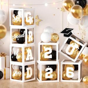 2026 Graduation Party Decorations, 4Pcs White Boxes with 30Pcs Black White Gold Latex Balloons with Letters "2026 GRAD So Proud of You" for High School College Graduation Party Decorations (White)
