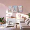 XLARTMY Watercolor City Landscape Travel Wall Art Canvas Framed Pink Cherry Flower Poster Girly Prints Painting Pictures Set of 3 for Bedroom Living Room Office 16x24in