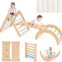 Beright PiklerTriangle Set Upgraded with White Cushion, Set 7in1 Foldable Toddler Climbing Toys, Wooden Montessori Climbing Set Indoor Jungle Gyms with Arch, Ramp, Ladder, Rainbow