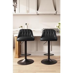 Bar Stools Set of 2, Swivel Bar Chairs, Modern Adjustable PU Leather Upholstered Barstools Counter Height with Tufted Back for Bar, Kitchen Counter Island, Dining Room, Black