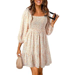 Dokotoo Summer Dresses for Women 2025 Boho Floral Square Neck Smocked 3/4 Sleeve Casual A-Line Swing Mini Dress Sundress (Medium, Beige)