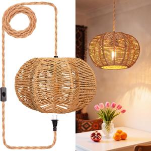 Hanging Lights with Plug in Cord Rattan Hanging Lamp Boho Ceiling Light Fixtures Farmhouse Pendant Lamp Shape for Living Room Bedroom Kitchen (11.8 Inch-Ball Cactus Shade), Pack of 2 