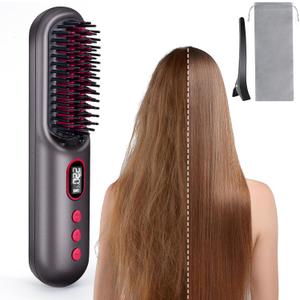 LAMA Cordless Hair Straightener Brush - Portable Hair Brush - 20s Fast Heating - 130 Million Plasma for Frizz-Free Shine, 9000mAh Mini Hair Straightener Comb for Women Travel, LED Display Hot Comb,BK