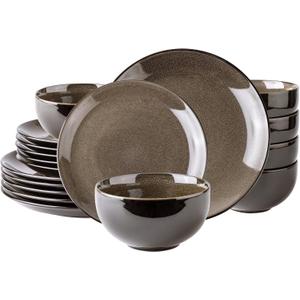 LeRatio Ceramic Dinnerware Sets for 6,Stoneware Plates and Bowls Sets,Handmade Reactive Glaze Dishes Set,Chip Resistant and Scratch Resistant | Oven&Dishwasher & Microwave Safe-Chestnut(18PCS)