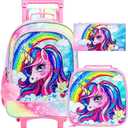 3PCS Rolling Backpack for Girls Boys, Kids Roller Wheeled Bookbag with Lunch Box, Backpacks with Wheels for Elementary (Unicorn Rainbow)