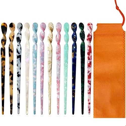 Pack of 3, 12 Pieces Acetate Hair Sticks Tortoise Shell Hairpin Leopard Shell Hair Pins Chinese Hair Sticks for buns Hair Styling Accessories Hair Chopsticks for Women Girls, 12 Style Not Repeating Pattern