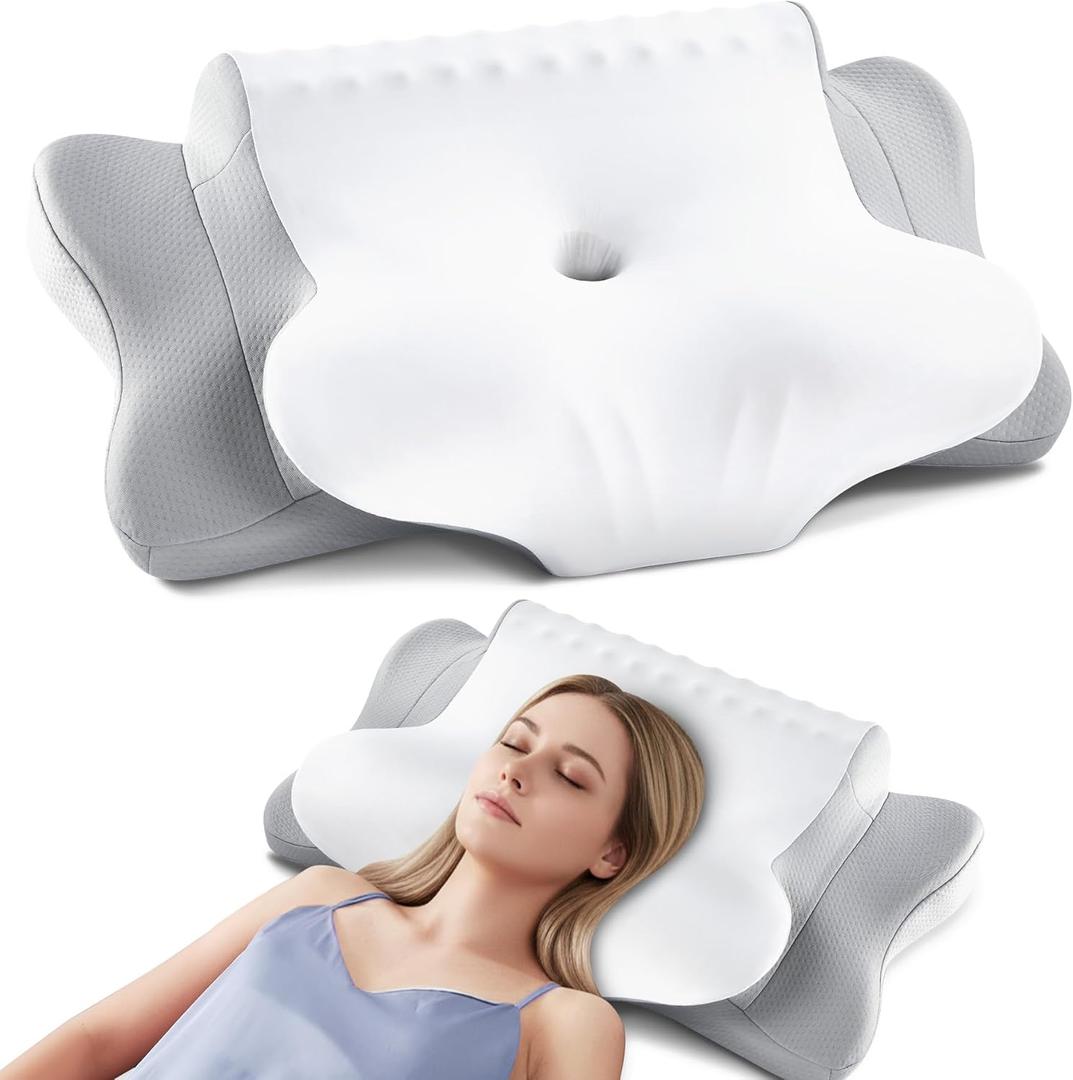 DONAMA Cervical Neck Pillow for Pain Relief, Orthopedic Contour Neck Pillow with Memory Foam Ergonomic Pillows with Dual Heights for Back, Stomach and Side Sleepers (Light Gray)