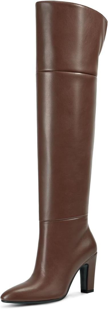 wetkiss Thigh High Boots for Women Brown Over the Knee Boots Wide Calf Tall Long Chunky Block Heel Pointed Toe Half Side Zipper Womens High Heeled Fall Winter Size 7.5