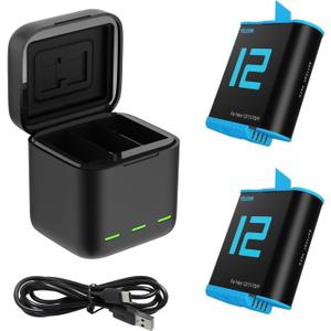 TELESIN Battery Charger Kit for GoPro Hero 12 11 10 9 Black, 2-Pack Battery + Triple Charge Case with Type-C Charging Cord for Go Pro 12 11 10 9 Original Batteries Accessories