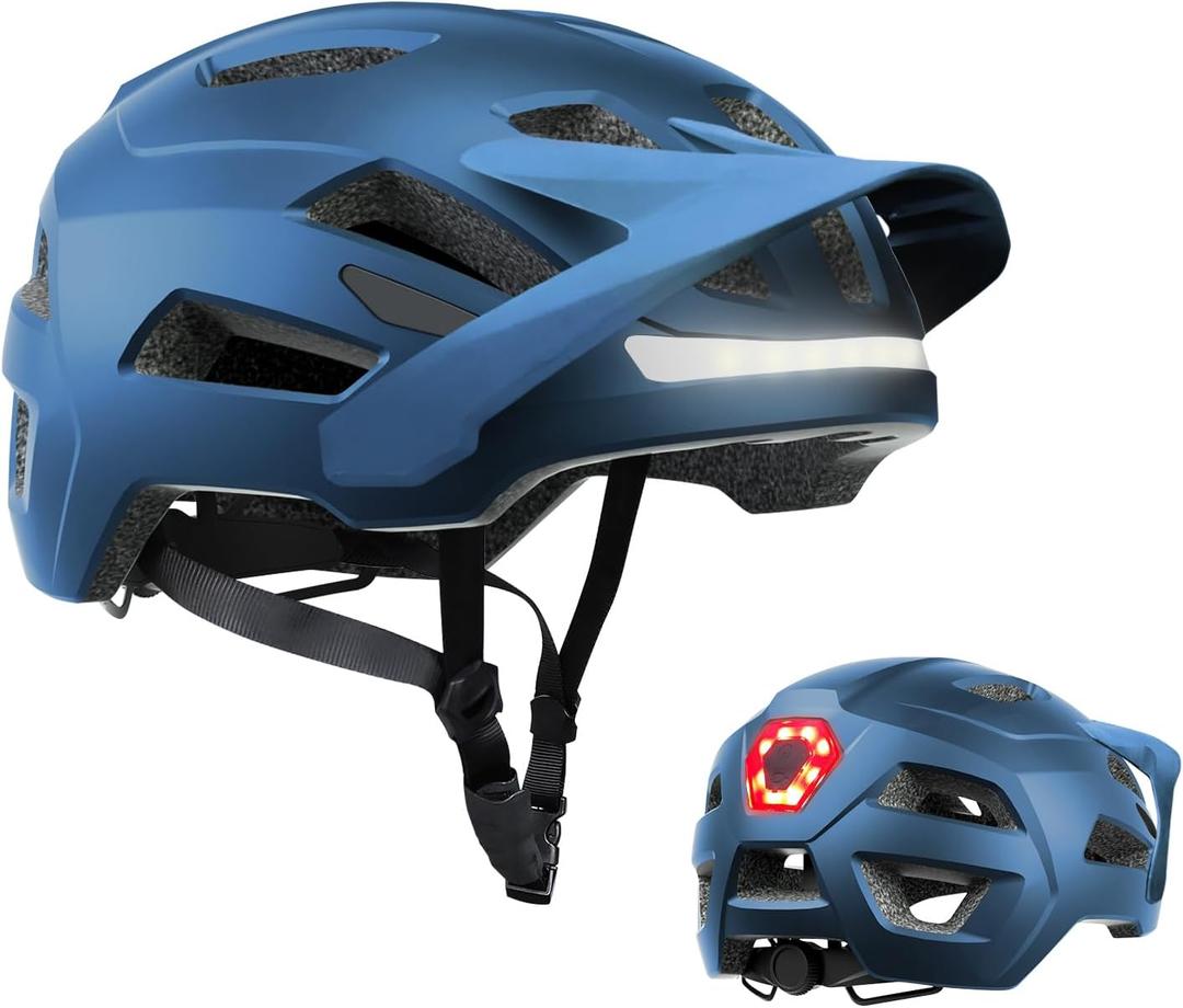 Bike Helmet, Helmets for Adults Men, Front and Back LED Lights Safe Certified MTB Road Bicycle Helmet with Adjustable Brim (L (59-61cm), Metal Blue)