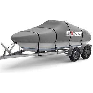 RKV86 Trailerable Boat Cover, 17'- 19' Heavy Duty 600D Waterproof Tarp Covers with Storage Bag, Marine Grade Polyester Canvas, Fits 17-19ft Bass Boat, V-Hull, Tri-Hull, Runabout Bowrider Boat (Gray)