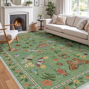 Rugs for Living Room 8x10 - Large Sage Green Washable Rug Soft Boho Floral Nursery Area Rug Non Slip Stain Resistant Modern Insect Print Floor Carpet for Bedroom Dining Room Home Office Decor