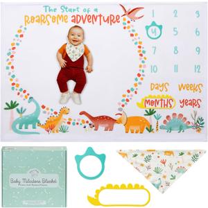 Bliss n' Baby Monthly Milestone Blanket for Baby Boys & Girls - 60"x40" - Wrinkle Free Newborn Age Month Blanket with Growth Chart - Washable & Dryable - w/Frames & Bib - Dinosaur Theme Baby Gift Set