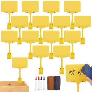 30 Pack Rotating Clip Sign Holders, Clip Holder Chalkboard Sign Price Tag Display, Erasable Black Plastic Sign Clip, with Markers & Erasers for Cafe Store (Yellow)