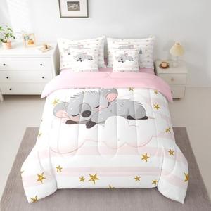 Manfei 7 Pieces Cute Koala Comforter Full Size, Cartoon Animal Bed Set for Kids Boys Girls, Pink White Stripe Print Bedding(1 Comforter,1 Fitted Sheet,1 Flat Sheet,2 Pillowcases,2 Throw Pillow Cover)
