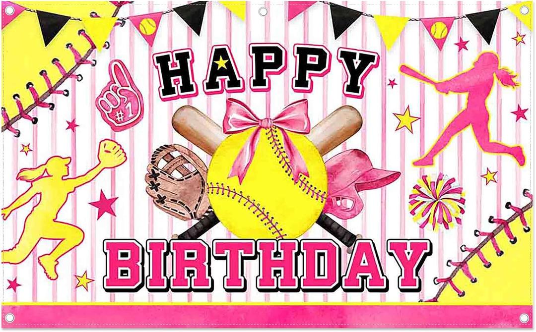 96x60inch Pink Softball Happy Birthday Backdrop Watercolor Bowler Yellow Star Sports Themed Photography Background Girls Kids Teens Party Decoration Photo Props