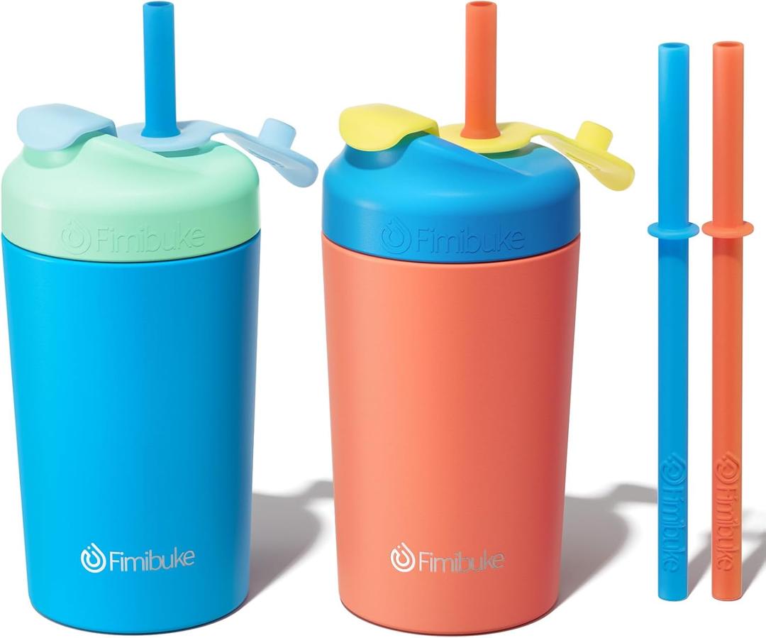 Fimibuke Kids & Toddlers Cups with Straw, 10oz Spill Proof Sippy Cups for Toddlers, Insulated Stainless Steel Kids Tumblers with Twist Lids & Silicone Straws with Stopper for Smoothie, 2 Pack (A1. Coral & Indigo)
