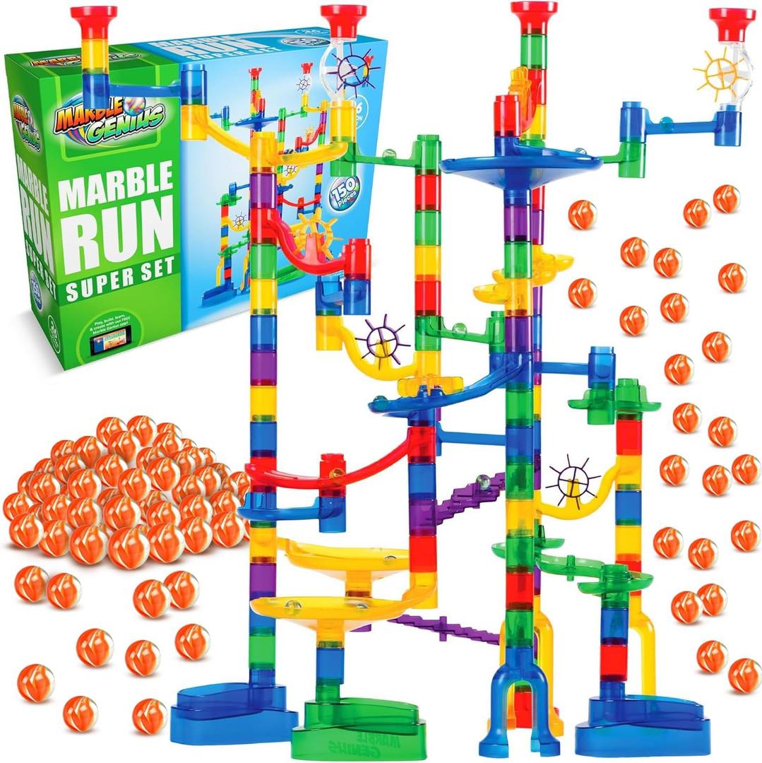 Marble Genius Marble Run Super Set, STEM Toys & Maze Construction Building - 150 Translucent Track Pieces & Glass Marble for Family, Kids Toddlers Ages 4-8 - Fun Holiday Creative Gifts