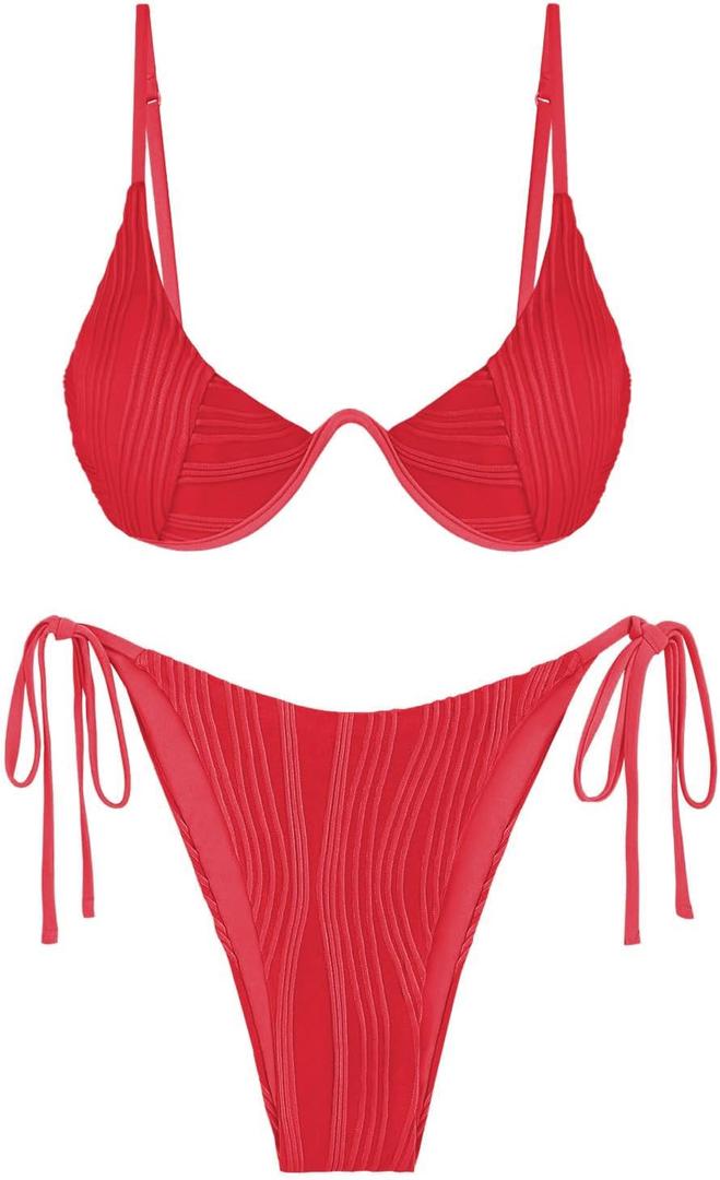 ZAFUL Women's Textured Underwire Bikini Set V Notch High Cut Swimwear Tie Side Ribbed Sexy Swimsuits (Small, Red)