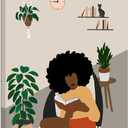 African American Boho Wall Art - Black Women Canvas Print, Book Lover Art, Girl Reading Framed Poster, Wall Decor (16L" x 12W")